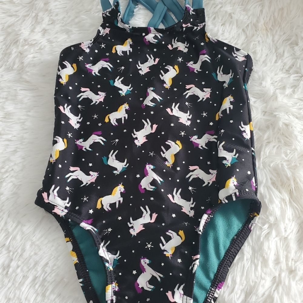 Cat & Jack Toddler Girl's Size 2T Black and Teal Unicorn One Piece Bathing Suit
